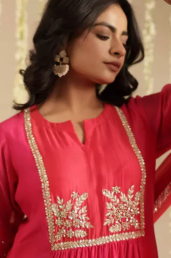Hot pink hand woven chanderi kurta set