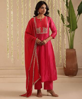 Hot pink hand woven chanderi kurta set 5