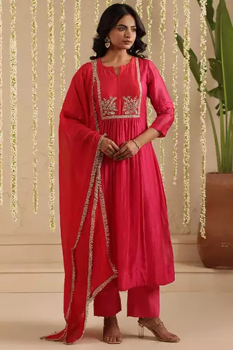 Hot pink hand woven chanderi kurta set