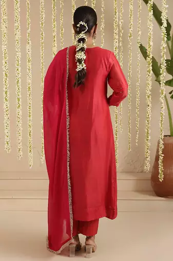 Red hand woven chanderi kurta set
