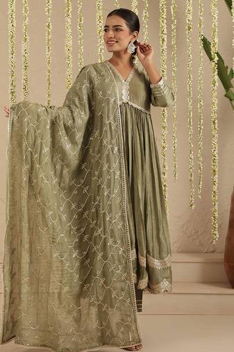 Green hand woven chanderi kurta set