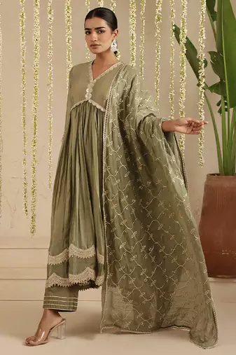 Green hand woven chanderi kurta set