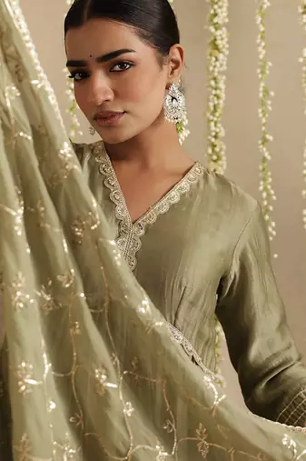 Green hand woven chanderi kurta set