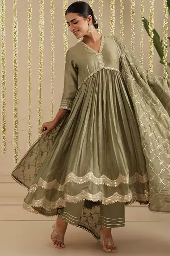 Green hand woven chanderi kurta set