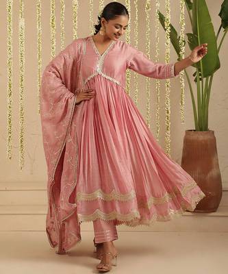 Pink hand woven chanderi kurta set 1