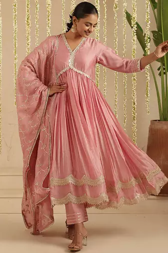 Pink hand woven chanderi kurta set