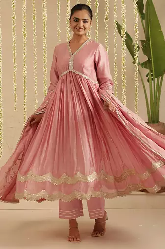 Pink hand woven chanderi kurta set