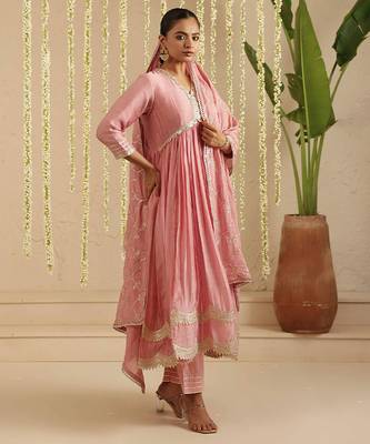 Pink hand woven chanderi kurta set 3