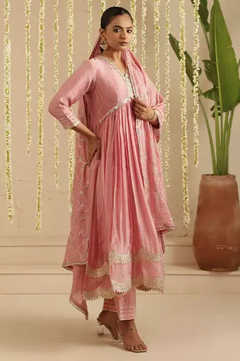 Pink hand woven chanderi kurta set