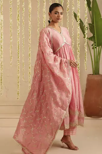 Pink hand woven chanderi kurta set