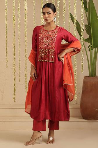 Maroon hand woven chanderi kurta set