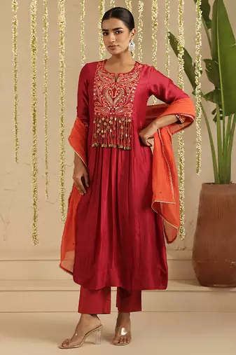 Maroon hand woven chanderi kurta set