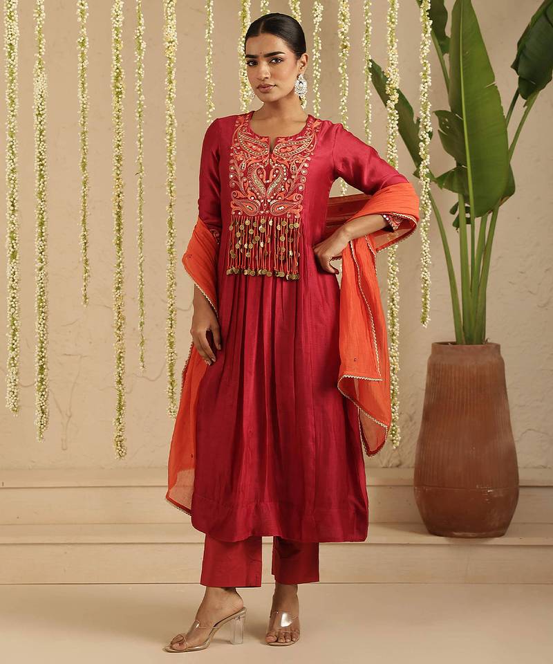 Maroon hand woven chanderi kurta set
