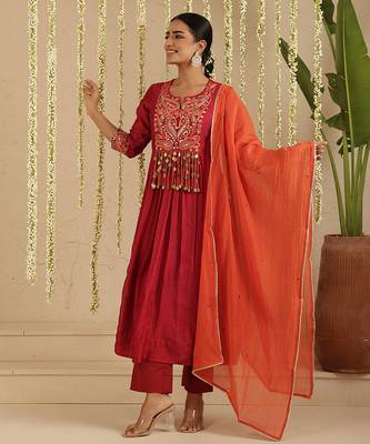 Maroon hand woven chanderi kurta set 2