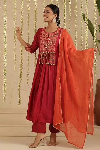 Maroon hand woven chanderi kurta set