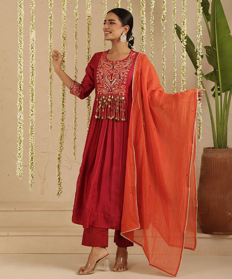 Maroon hand woven chanderi kurta set