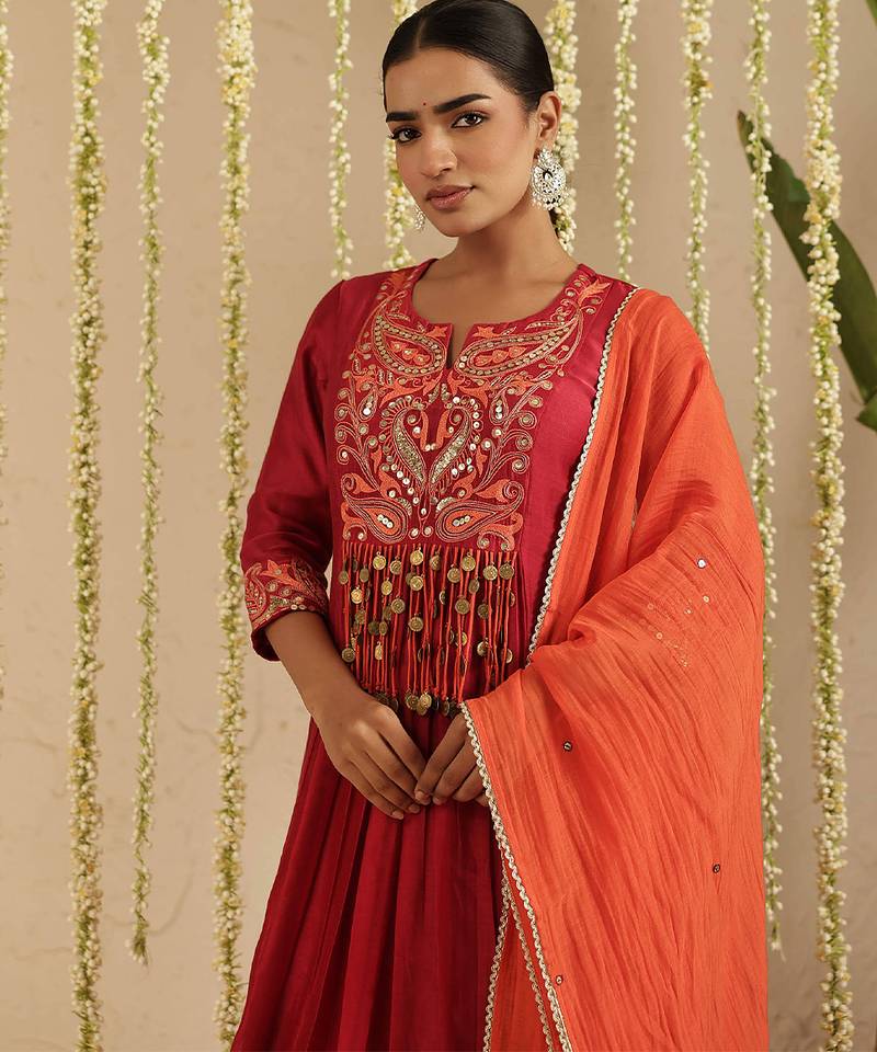 Maroon hand woven chanderi kurta set