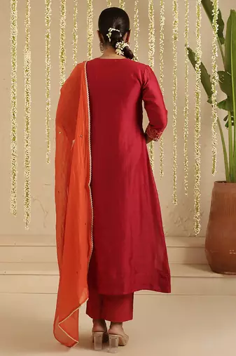 Maroon hand woven chanderi kurta set