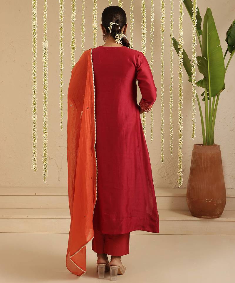 Maroon hand woven chanderi kurta set