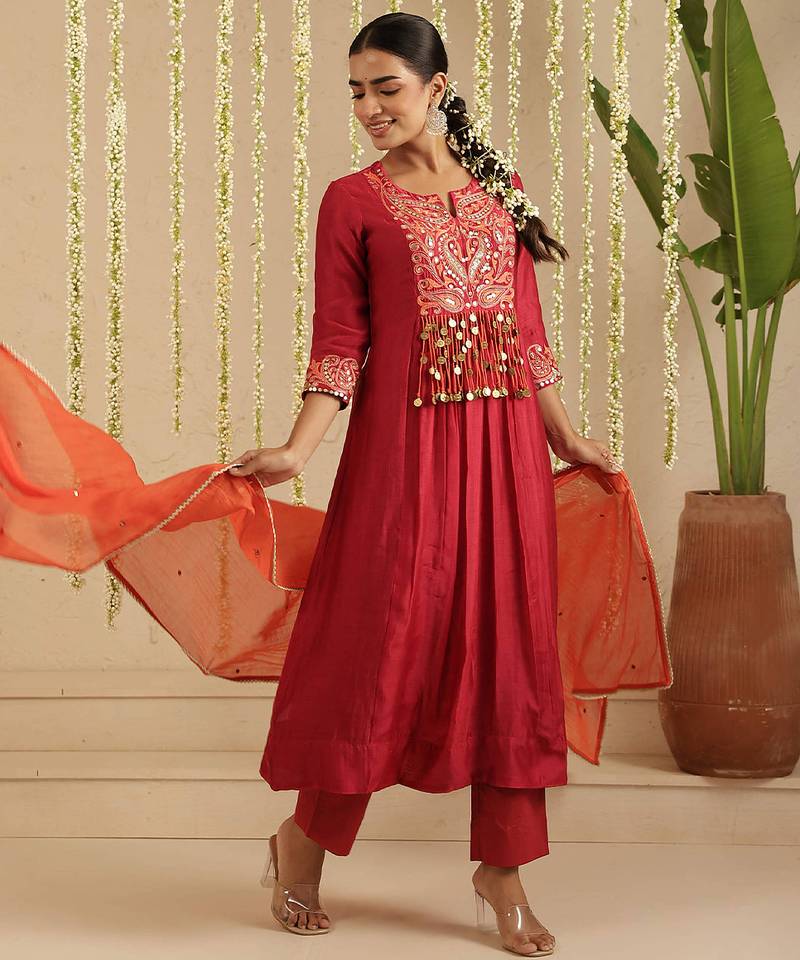 Maroon hand woven chanderi kurta set
