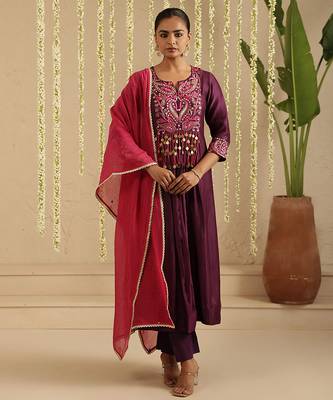 Purple hand woven chanderi kurta set 1