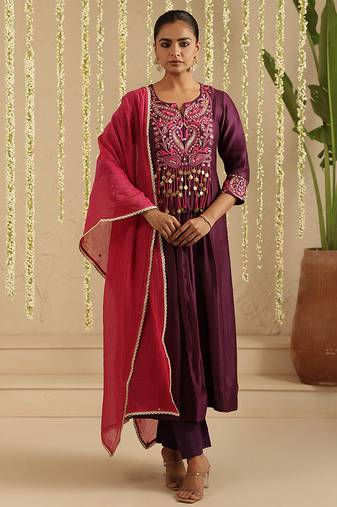 Purple hand woven chanderi kurta set