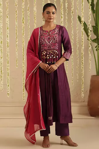 Purple hand woven chanderi kurta set