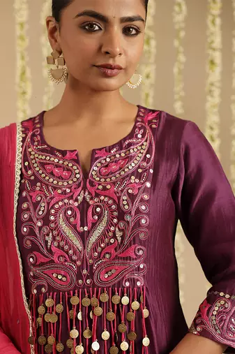 Purple hand woven chanderi kurta set