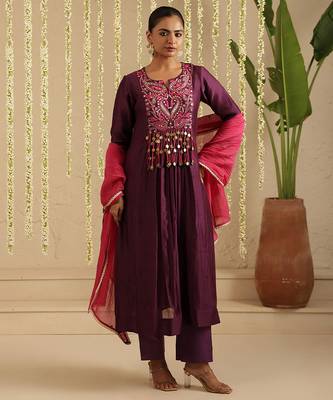 Purple hand woven chanderi kurta set 4