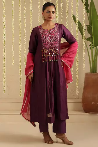 Purple hand woven chanderi kurta set