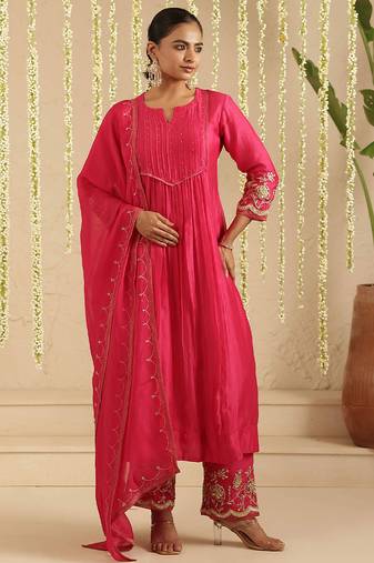 Hot pink hand woven chanderi kurta set