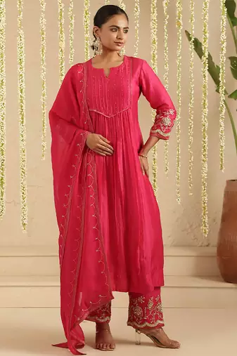 Hot pink hand woven chanderi kurta set