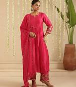 Hot pink hand woven chanderi kurta set