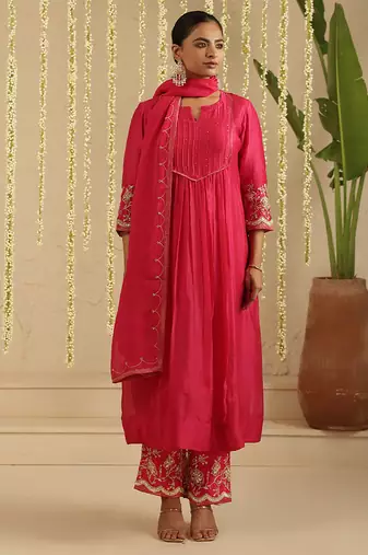 Hot pink hand woven chanderi kurta set