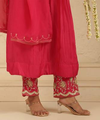 Hot pink hand woven chanderi kurta set 3