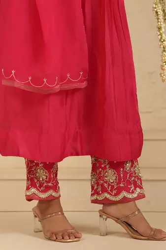 Hot pink hand woven chanderi kurta set