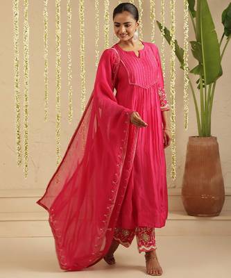 Hot pink hand woven chanderi kurta set 5