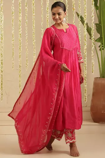 Hot pink hand woven chanderi kurta set