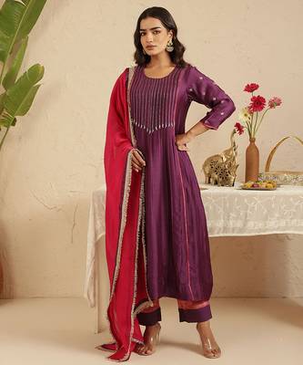 Purple hand woven chanderi kurta set 1