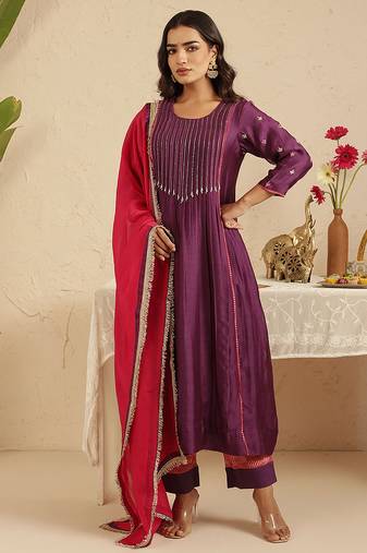 Purple hand woven chanderi kurta set