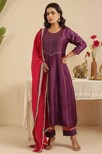 Purple hand woven chanderi kurta set