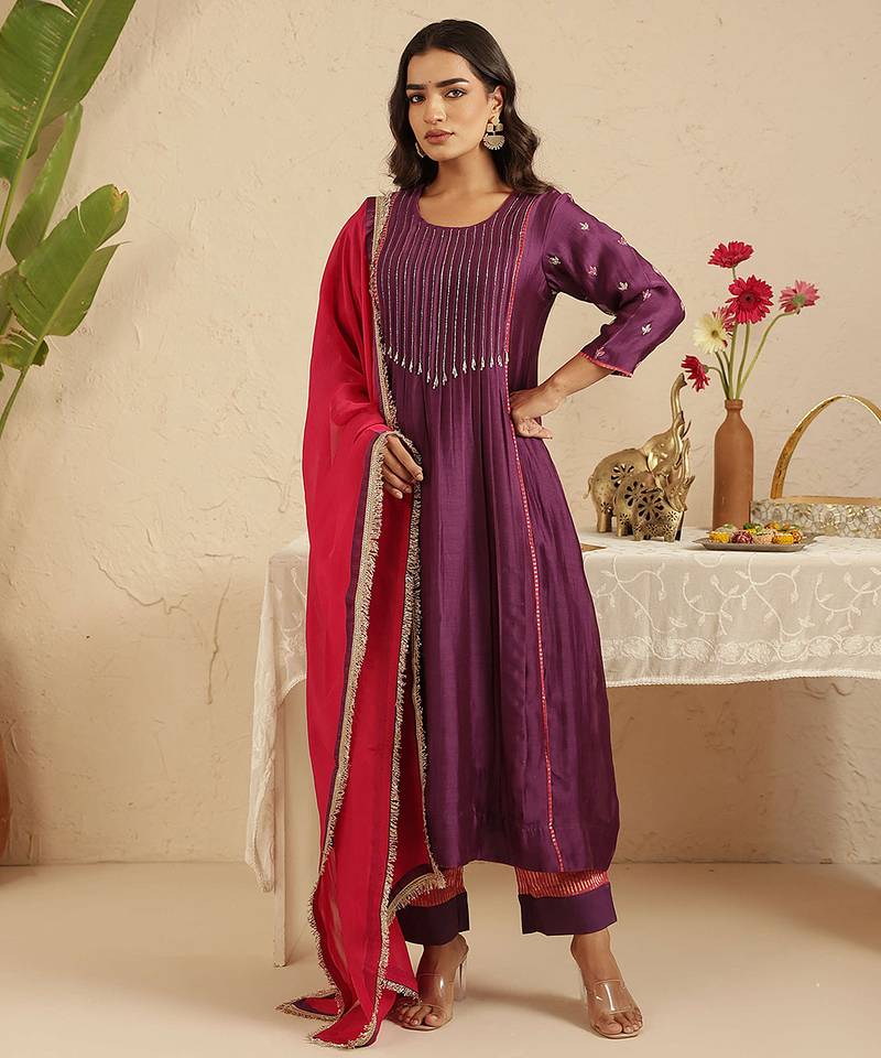 Purple hand woven chanderi kurta set