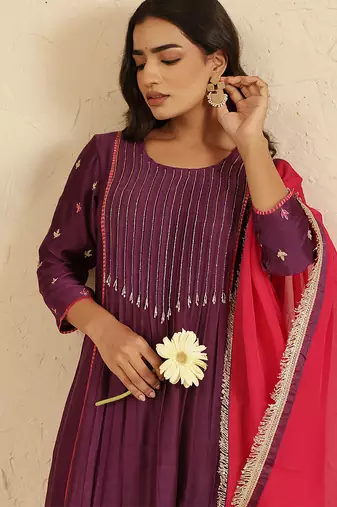 Purple hand woven chanderi kurta set