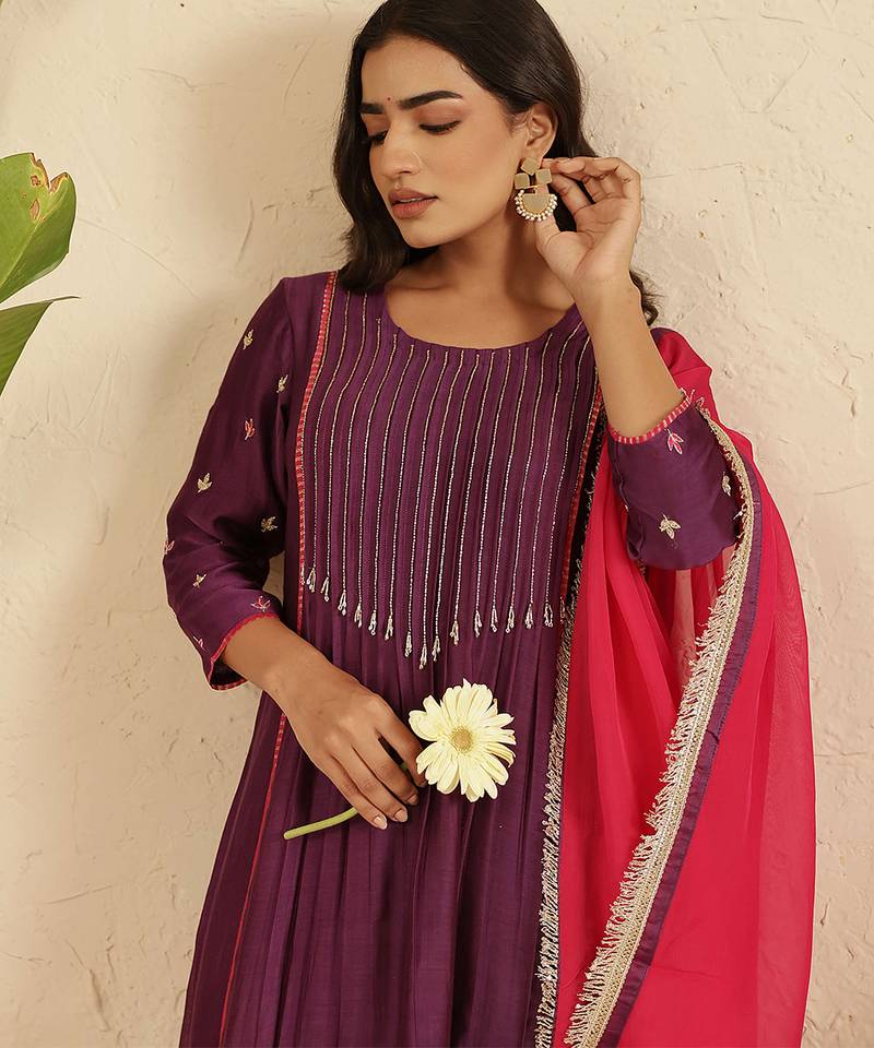 Purple hand woven chanderi kurta set