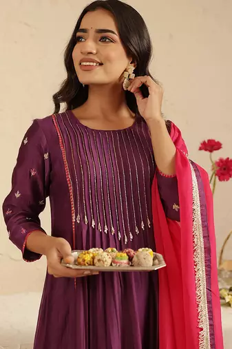 Purple hand woven chanderi kurta set