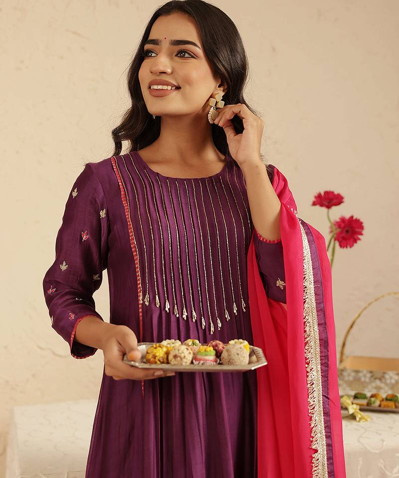 Purple hand woven chanderi kurta set