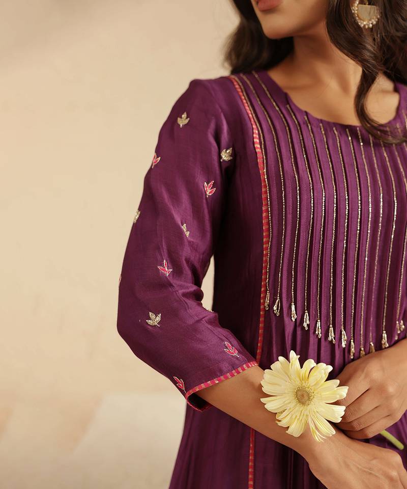 Purple hand woven chanderi kurta set