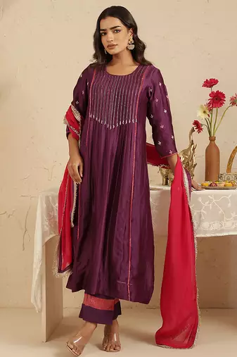 Purple hand woven chanderi kurta set