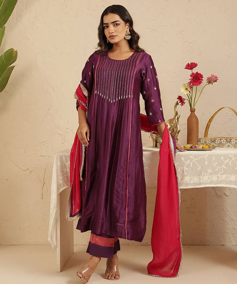 Purple hand woven chanderi kurta set