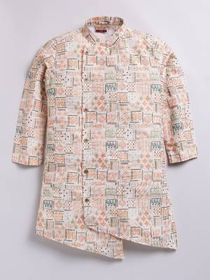 Cotton knit full sleeves all over printed kurta - orange 1